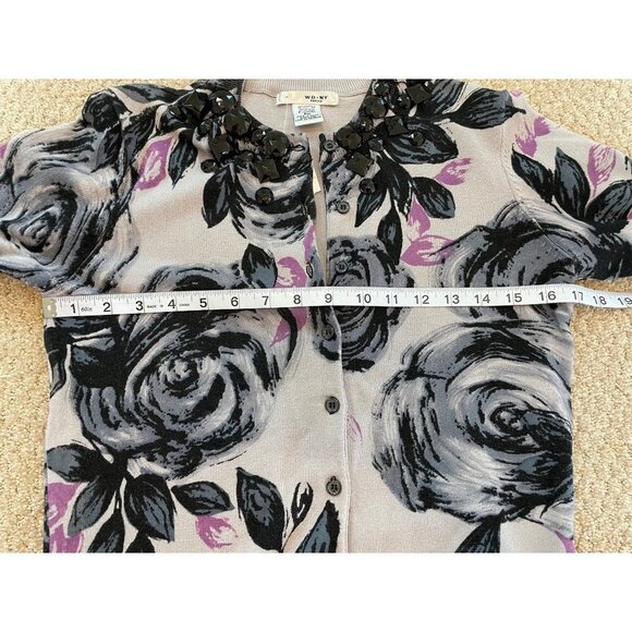 Black NWT Purple Pink Floral Cardigan Sweater with Black “Jewel” Accents Sz MP - Picture 7 of 10